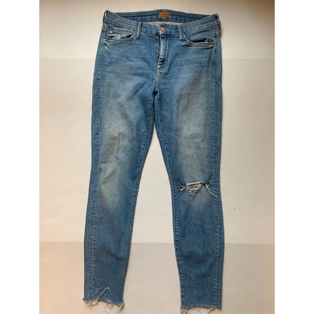 Mother Looker Ankle Fray Jeans Love Gun Blue Distressed Knee Rip Skinny Size 29